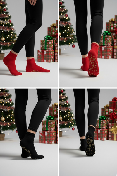 Dore Original New Year's Gift Women's Yoga & Pilates Socks Non-Slip Sole New Year's Themed Socks 2 Pairs