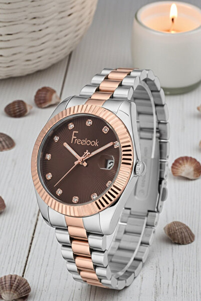 Freelook Kahverengi Kadran Rose Gold/Metalik Kadın Kol Saati + Zirkon Taşlı B...