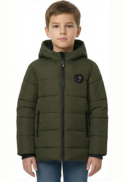 QAWWA Erkek Çocuk Su Ve Rüzgar Geçirmez Kalın Astarlı Haki Kapüşonlu Mont