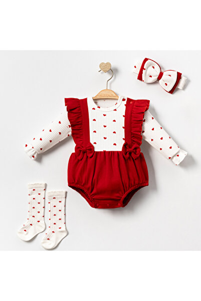 MixMax Bebe Baby Girl Heart Long Sleeve Bandana-Socks-Romper 3-Piece Baby Set