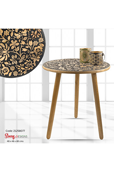 Souq DESIGNS طاولة جانبية مستديرة بثلاثة أرجل، طاولة جانبية مميزة لغرفة المعيشة، طاولة قهوة خشبية - 50 سم