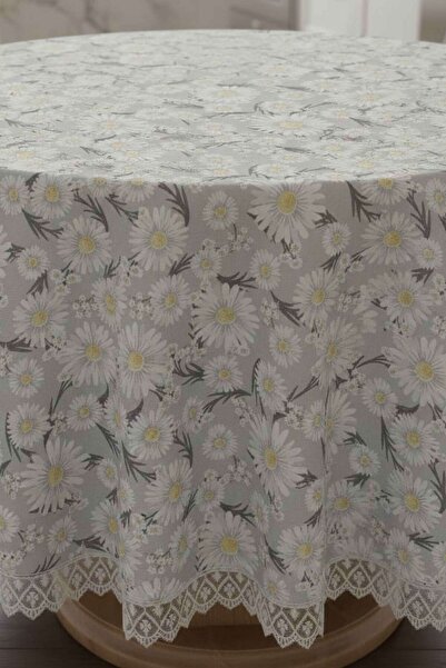 Rona Home Luxury Gray Daisy Round Tablecloth Stylish Design Dowry Decorative Coffee Table Tablecloth