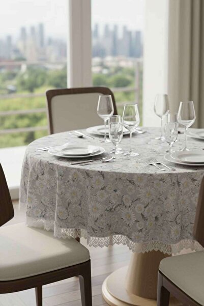 Rona Home Luxury Gray Daisy Round Tablecloth Stylish Design Dowry Decorative Coffee Table Tablecloth
