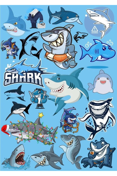 Reysa Tasarım Köpek Balığı Sticker Set 16 Parça Telefon, Tablet, Defter, Lapt...