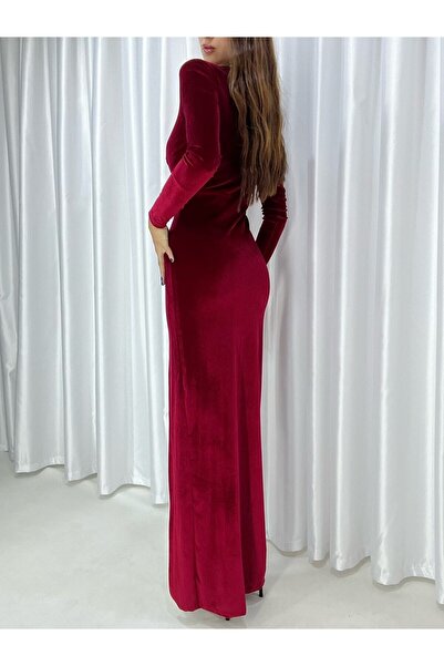 merlavin Rochie de seară roșie, catifea, cu fantă
