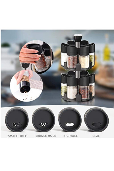 ENAGRO Kitchen Glass Spice Rack Set with 12 Bottles - Rotating Stand/Black