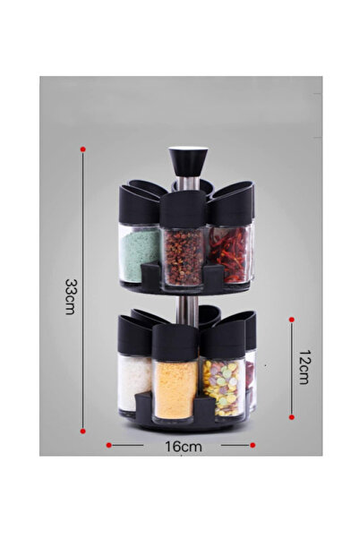 ENAGRO Kitchen Glass Spice Rack Set with 12 Bottles - Rotating Stand/Black