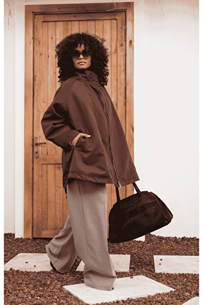 HOPE AND ME Kahverengi Oversize Fermuarlı Panço Trençkot