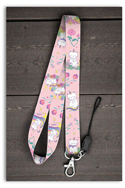 Mia Aurora Pembe Unicornlu Kedi Desenli Boyun Askı İpi Telefon Anahtarlık Kim...