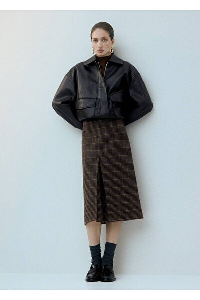 MANGO Woman Yün karışımlı kareli midi etek