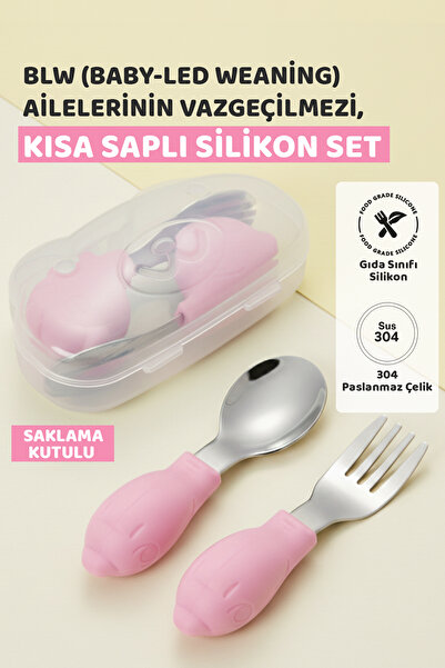 Guqqo Bebek Silikon Saplı Çelik Kaşık Çatal Seti, BLW, Balık Desen, Taşıma Kutulu, Pembe