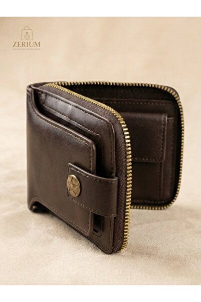 ZERİUM Retro Folded Zip Pocket Pu Leather Men's Wallet Card Holder Model