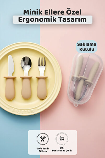 Guqqo Silikon Saplı Bebek Çelik Çatal Kaşık Bıçak Seti, 316L Çelik, BLW, Saklama Kutulu, Krem
