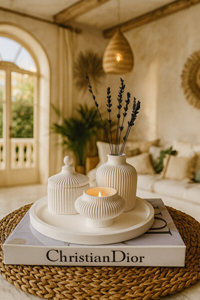 Zigzag Home Decorative 4 Piece Vase, Box with Lid, Tealight Candle Holder, Tray Set