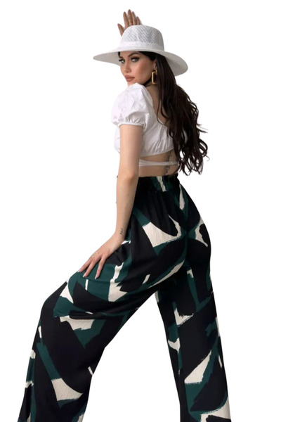 CT STONES Patterned Elastic Waist Wrinkle Pants-Black