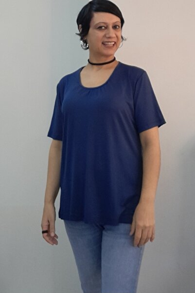 Mertcan Butik Navy Blue Combed Cotton Viscose T-Shirt with Drawstring Collar