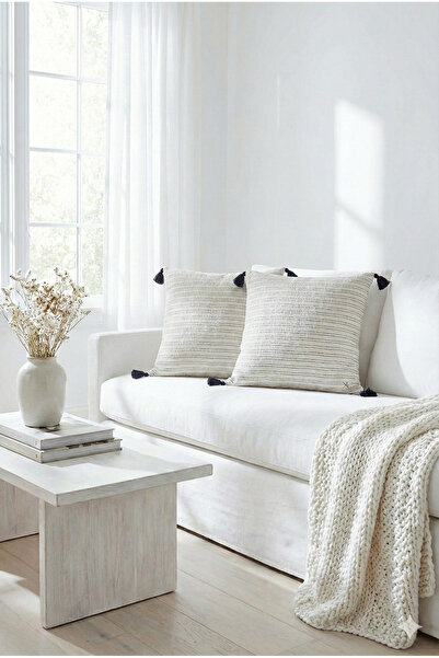 JOJOMIA Larin Kırlent Kılıfı 45x45 Çizgili Püsküllü Denim