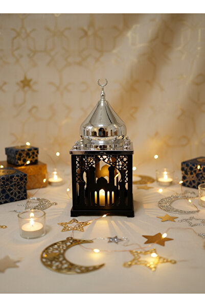 Living فانوس رمضان إسلامي أسود مع مبخرة فضية