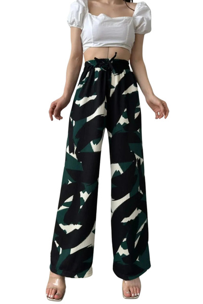 CT STONES Patterned Elastic Waist Wrinkle Pants-Black