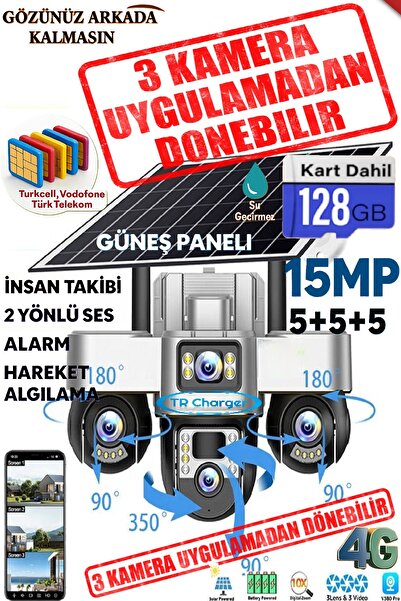 TRCharger Güneş Enerjili 3 Kameralı Güvenlik 15MP – Mobil Uygulama ile 3 Kame...