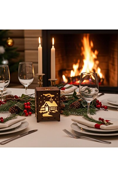 Beyaz Gelincik Tasarım Dekoratif 2'li Ahşap Mumluk Seti Led Işık Hediye, Deko...