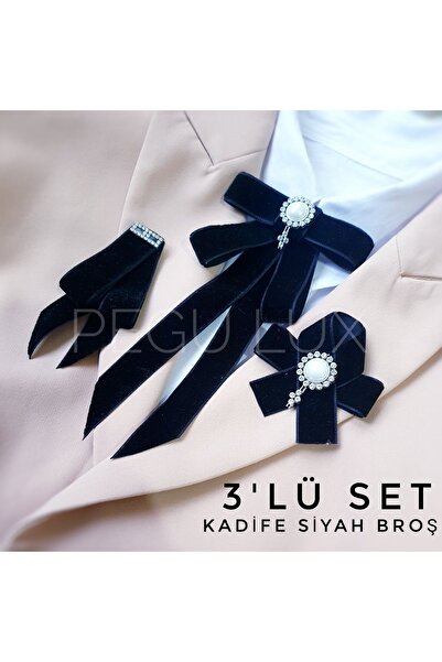 Pegu Lux Siyah Kadife 3 Lü Set Kurdele Broş Yaka Igne Okul,işhediye,çanta,şal,gömlek Aksesuar