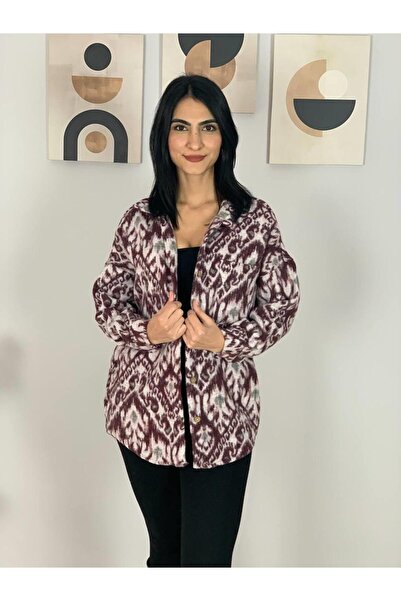 YusGos Women's Single Pocket Patterned Thick Lumberjack Jacket Shirt (Burgundy) Standard Burgundy