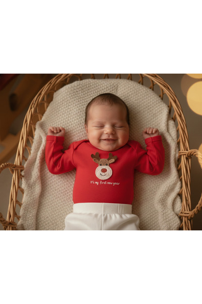 Bond and Bestie New Year's Themed Red Deer Patterned Baby Romper First New Year Outfit Costume 2-Piece Baby Set