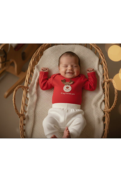 Bond and Bestie New Year's Themed Red Deer Patterned Baby Romper First New Year Outfit Costume 2-Piece Baby Set