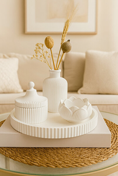 Zigzag Home Decorative 4 Piece Vase Candle Holder Set Striped Tray Lotus Candle Holder Pampas Vase Box with Lid Set Set