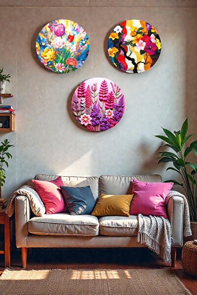 Nod 3 Parça Şık Çiçek Resimli Mdf Tablo Seti,  Oturma Odası, Salon, Ofis, Ev Duvar Tablosu Dekoru