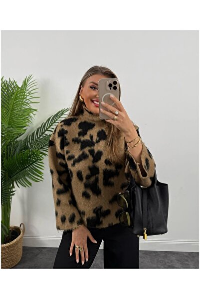 Mars Dik Yaka İspanyol Kol Leopar Desenli Kazak