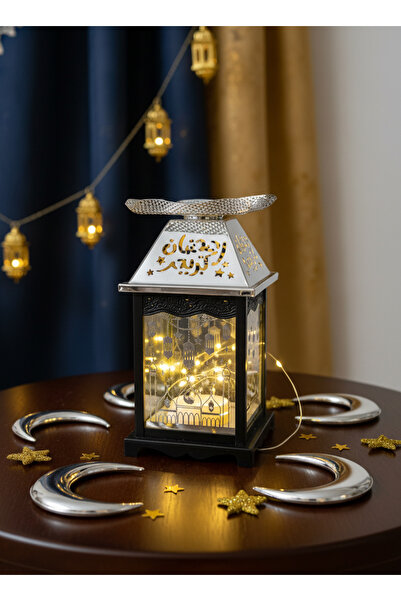 Living فانوس رمضان زجاجي مع زخرفة إسلامية من الفولاذ الفضي وطبق تقديم، أسود/فضي