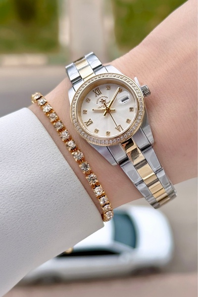 Santa Barbara Polo & Racquet Club Gold Gümüş Renk 26 Mm Tam Çelik Kadın Kol S...