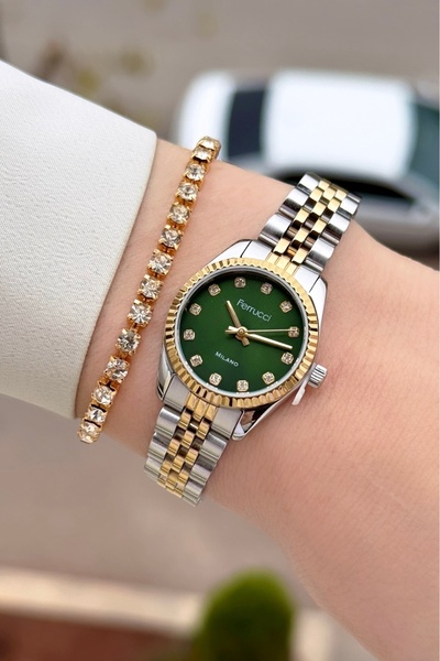 Ferrucci Kadranı Yeşil Kordonu Altın Metalik Renk 2 Yıl Garantili 24 Mm Kadın Kol Saati ve Bileklik