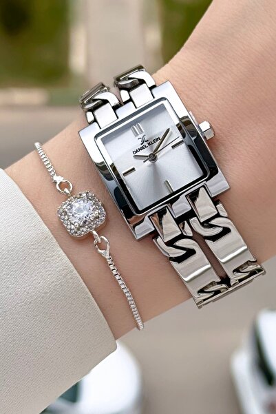 Daniel Klein Gümüş Renk 24 Mm Zincirli Kadın Kol Saati ve Hediye Bileklik