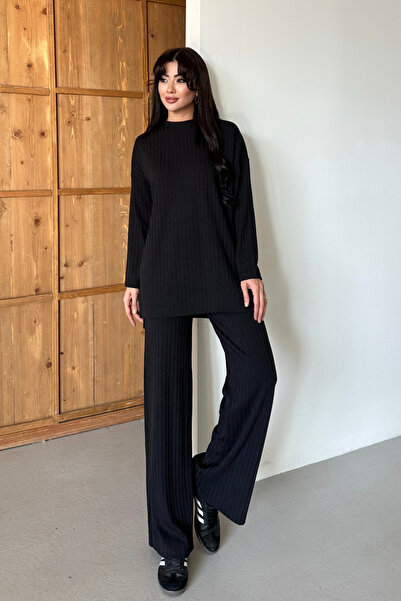 Mogi Butik Women's Knitwear Look Striped Crew Neck Hijab Tunic Set 3138