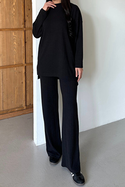 Mogi Butik Women's Knitwear Look Striped Crew Neck Hijab Tunic Set 3138