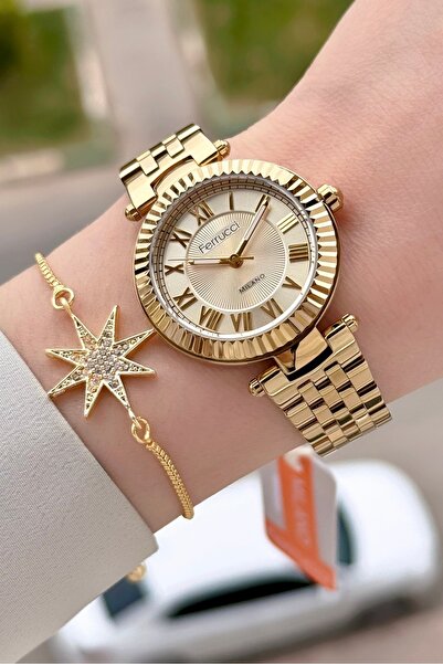 Ferrucci Gold Renk 35 Mm Hediye Paketli Kadın Kol Saati ve Bileklik