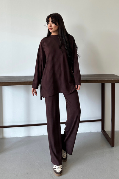 Mogi Butik Women's Knitwear Look Striped Crew Neck Hijab Tunic Set 3138