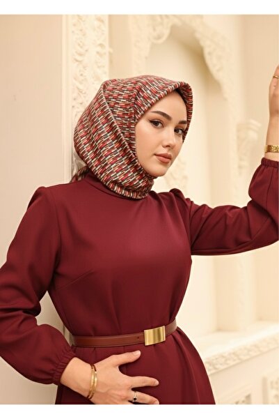 Silk Home Kadın Kırmızı Yeşil Geometrik Desenli Twill İpek Eşarp 11454-60