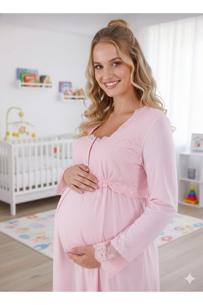 Lohussa Powder Lace Buttoned Special Design 100% Cotton Maternity Nightgown