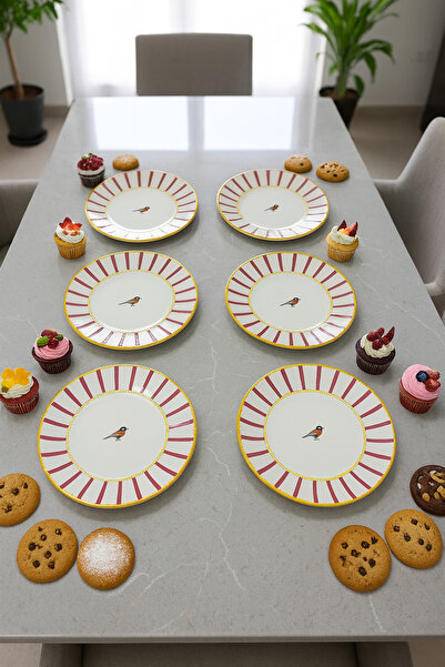 Paşabahçe Modern Kuş Figürlü 6 Parça Porselen Pasta Tatlı Tabağı-Gold Detaylı Sunum Servis Tabağı