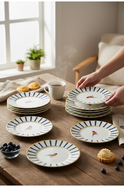 Paşabahçe Modern Kuş Figürlü 6 Parça Pasta Tatlı Tabağı-Gold Detaylı Sunum Servis Tabağı