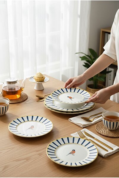 Paşabahçe Modern Kuş Figürlü 6 Parça Pasta Tatlı Tabağı-Gold Detaylı Sunum Servis Tabağı