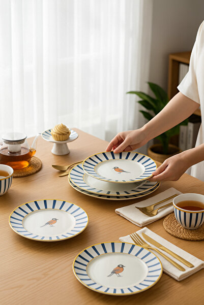 Paşabahçe Modern Kuş Figürlü 6 Parça Pasta Tatlı Tabağı-Gold Detaylı Sunum Servis Tabağı