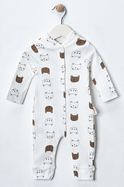 Noone Ribbed Cotton, Green Teddy Bear Patterned Baby Romper – 6 Months