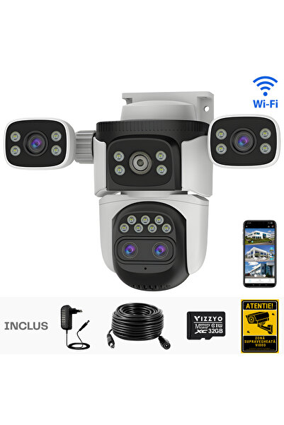 vizzyo Cameră de supraveghere triplă WiFi Ultra Defender Pro, 16 MP, Zoom optic 200m, Panoramic 360°