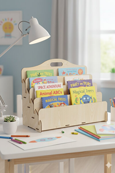 Simux Carry Montessori 4 Raflı Ahşap Mini Kitaplık -Çocuk Odası Kitaplık - Ma...