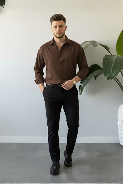 A&O Style Men's Brown Oversized Gramage Tok Modal Fabric Long Sleeve Shirt